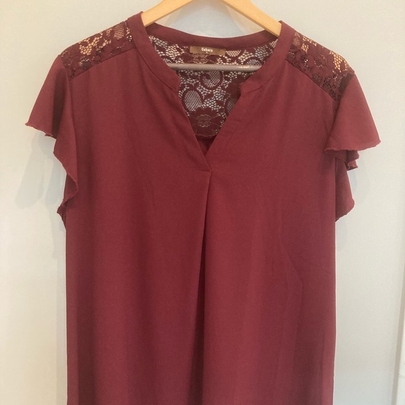 Burgundy flutter sleeve blouse with lace detail - Picture 3 of 16